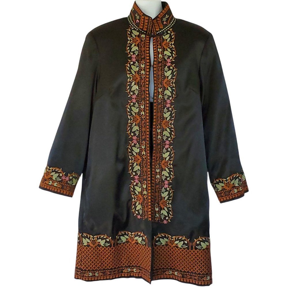 Satin Jacket Coat Women's L Black Embroidered Midi Shoulder Pads Lined Pockets